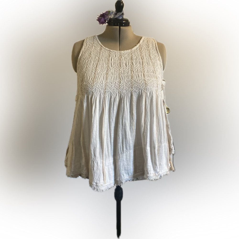 Free People Linen Obi Posey Smock Top In Ivory Combo, Size XL